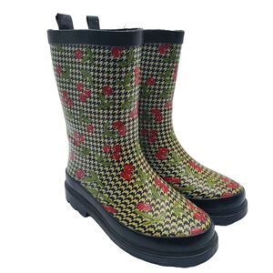 Austin Trading Co Rain Boots Youth Girls 1 Houndstooth Cherries Black Red Casual